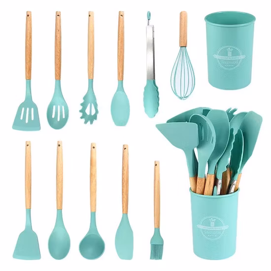 12 PCS Kitchen Utensils, Cooking Plastic Gadget Silicone Cookware, Kitchenware, Kitchen Implements Set with Wood Handle, Color Customized